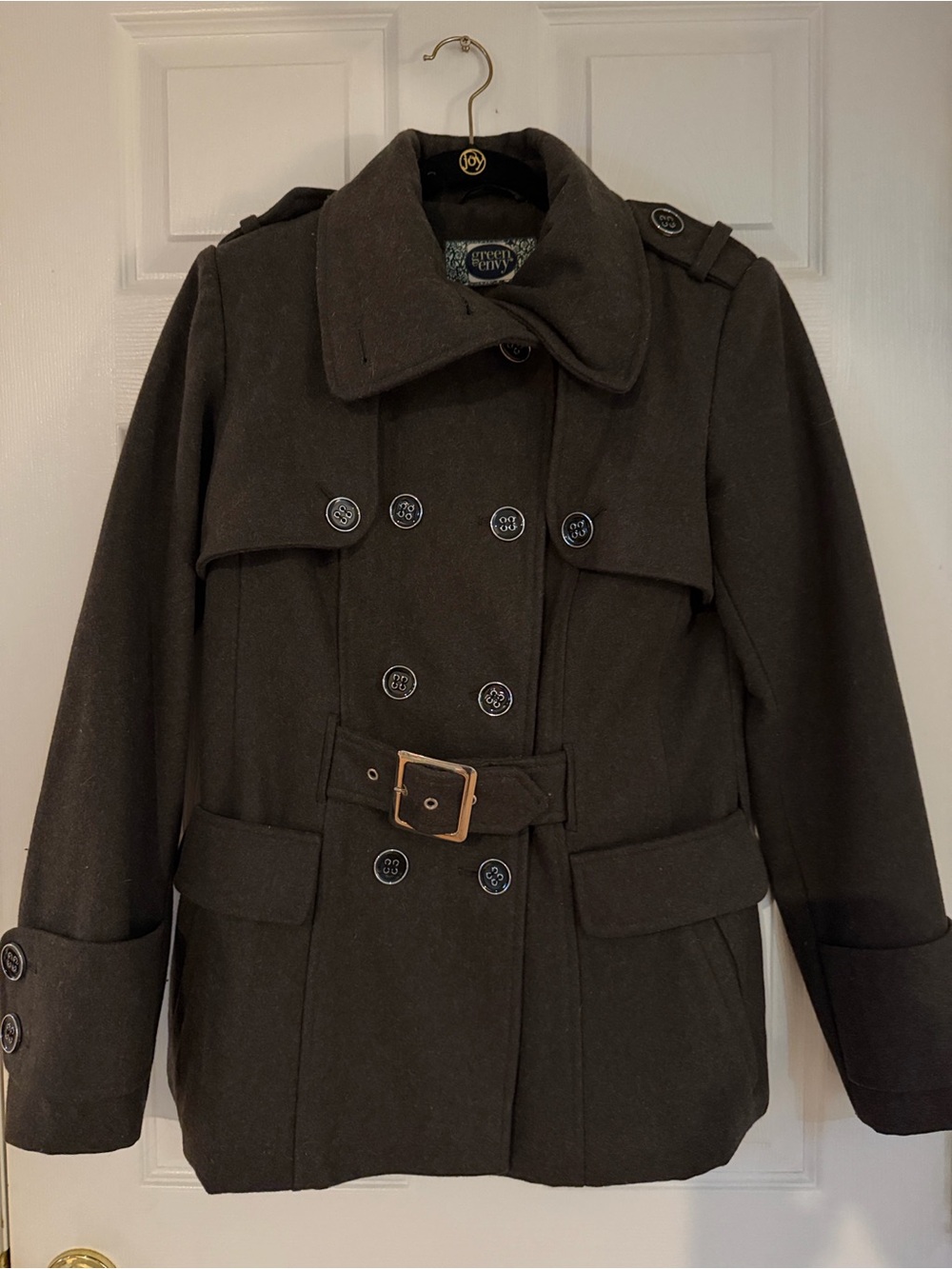 Women's Double-Breasted Belted Peacoat - Dark Brown